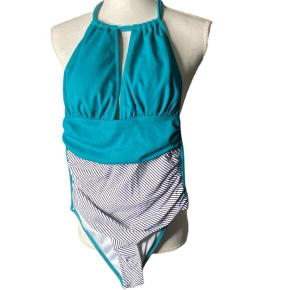 Cupshe Wm’s Sz XS Textured Green Striped Halter Blue Striped One-Piece Swimsuit - Picture 1 of 4